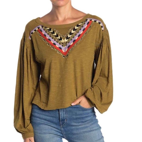Free People Boho Moss Green Top Long Sleeve Embroidered Size XS - Picture 1 of 10